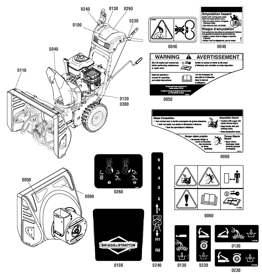 Decals Group Diagram and Parts List for 824LD 1696154-01 Briggs and Stratton Snow Blower